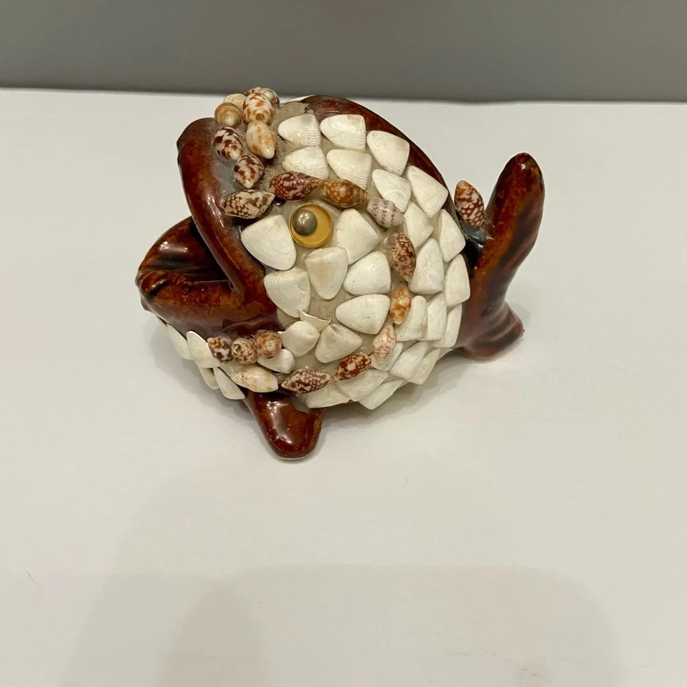 FOLK ART Wide Mouthed Shell Covered Whale Fish Ceramic Ashtray Boho Hippie Artsy